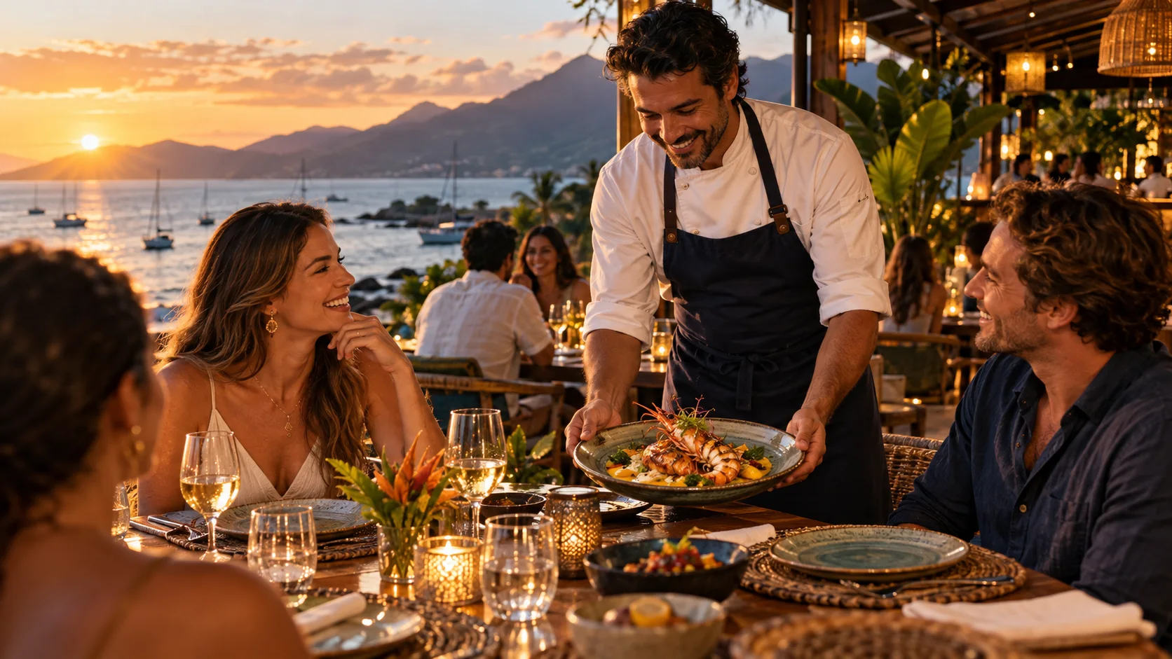 Restaurante costeiro atendendo visitantes ao pôr do sol em Ilhabela