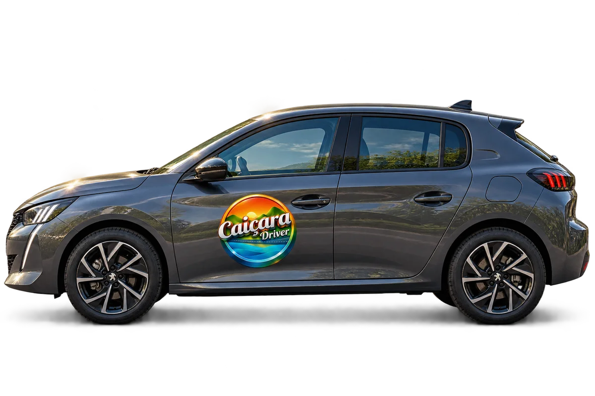 Peugeot 208 cinza com a marca Caiçara Driver na porta