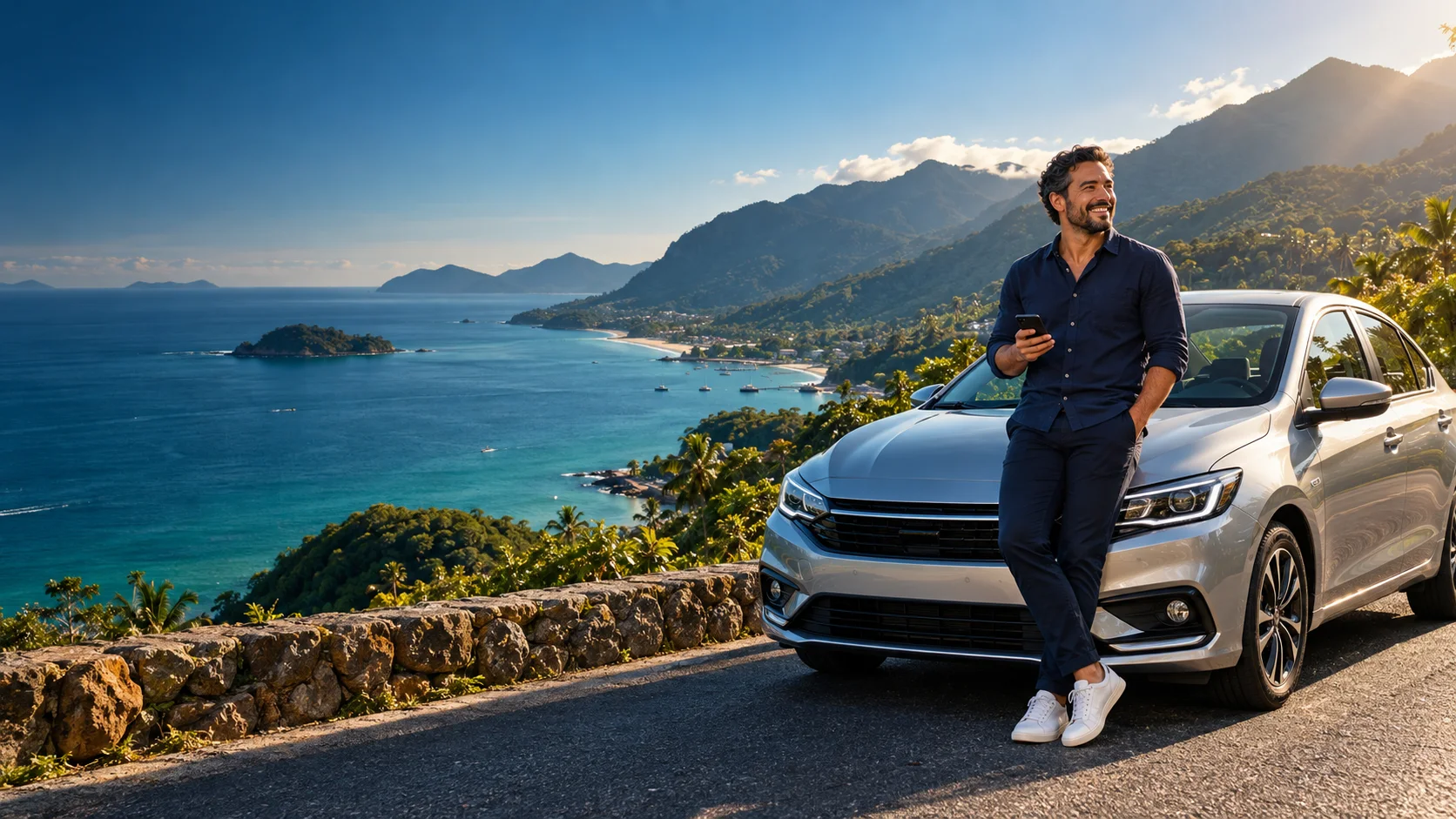 Motorista sorrindo ao lado de um carro em uma estrada costeira inspirada em Ilhabela