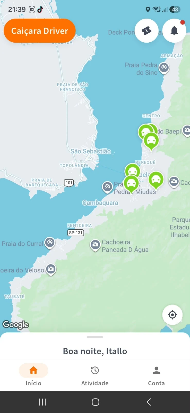 Print real do app mostrando Ilhabela do norte à região sul