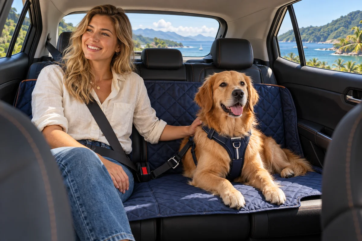 Mulher com cinto de segurança e golden retriever com peitoral no banco traseiro protegido de um carro